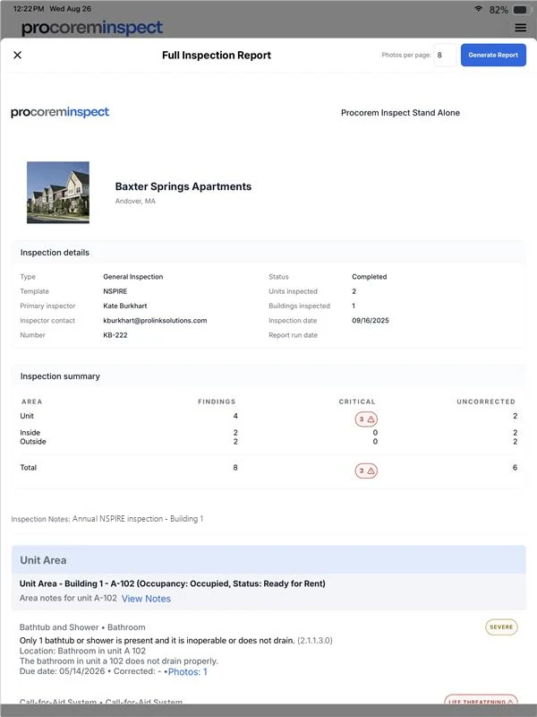Full inspection report generated by Procorem Inspect showing the property photo, inspection details, and an NSPIRE findings summary by area with critical and uncorrected counts
