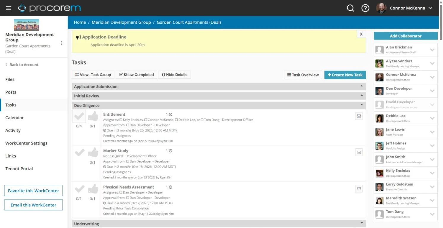 Procorem WorkCenter tasks for an apartment deal grouped by phase, with due diligence tasks for entitlement, market study, and physical needs assessment showing assignees, approvers, and due dates
