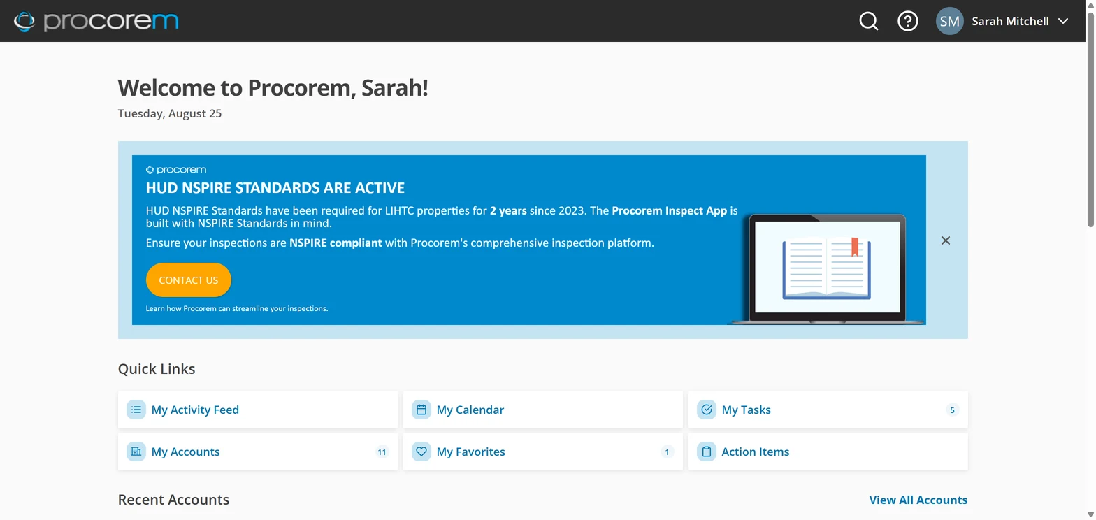 Procorem home dashboard welcoming the user with quick links to their activity feed, calendar, tasks, and recent accounts