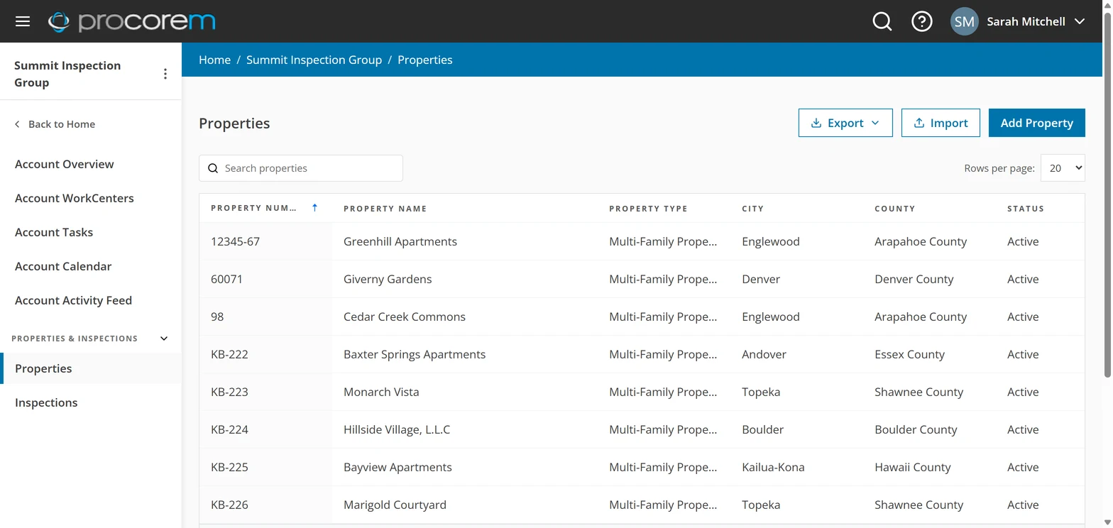 Procorem Inspect properties list with search, import, and export for a portfolio of multi-family properties