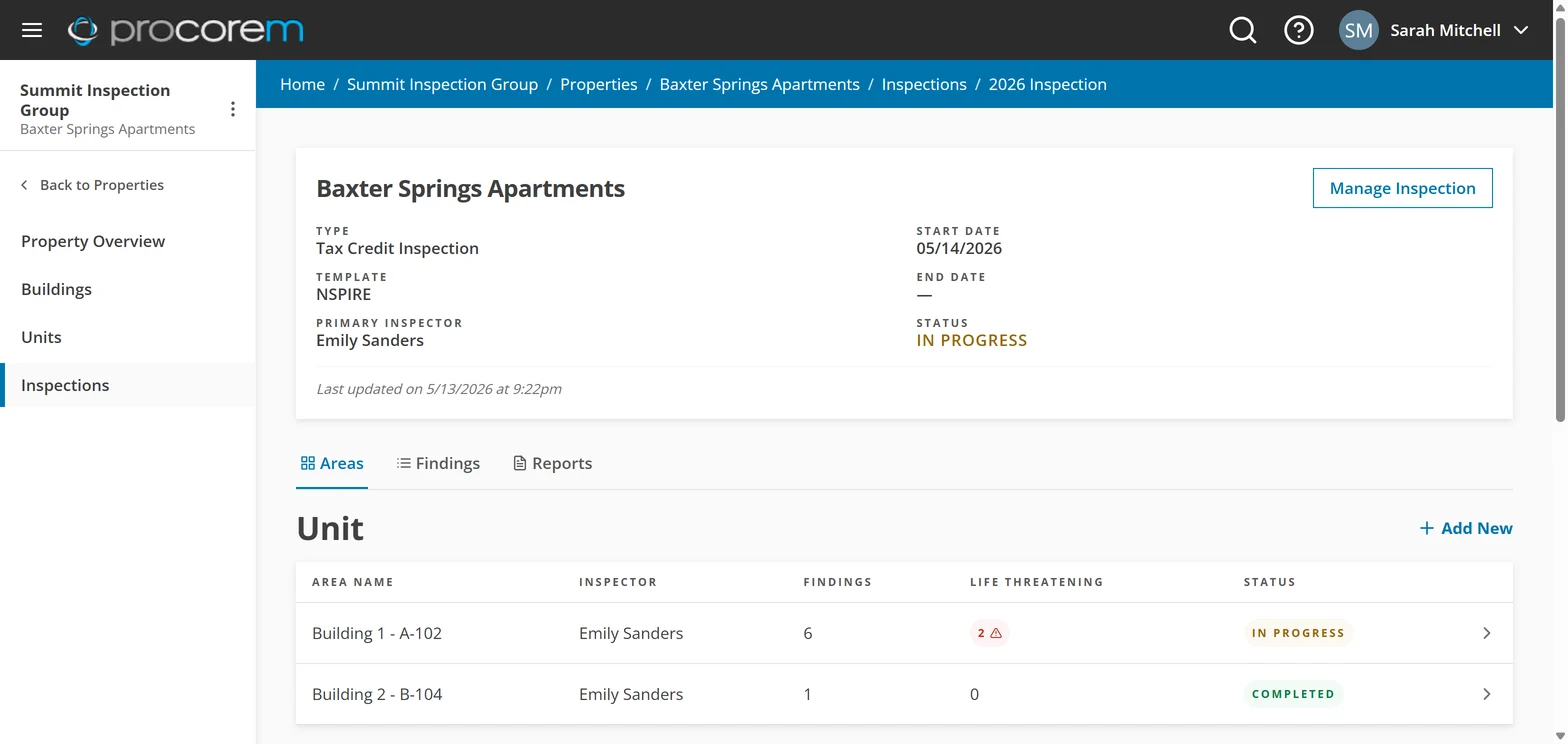 Procorem Inspect inspection detail showing NSPIRE areas for units and inside spaces with finding counts and life-threatening flags