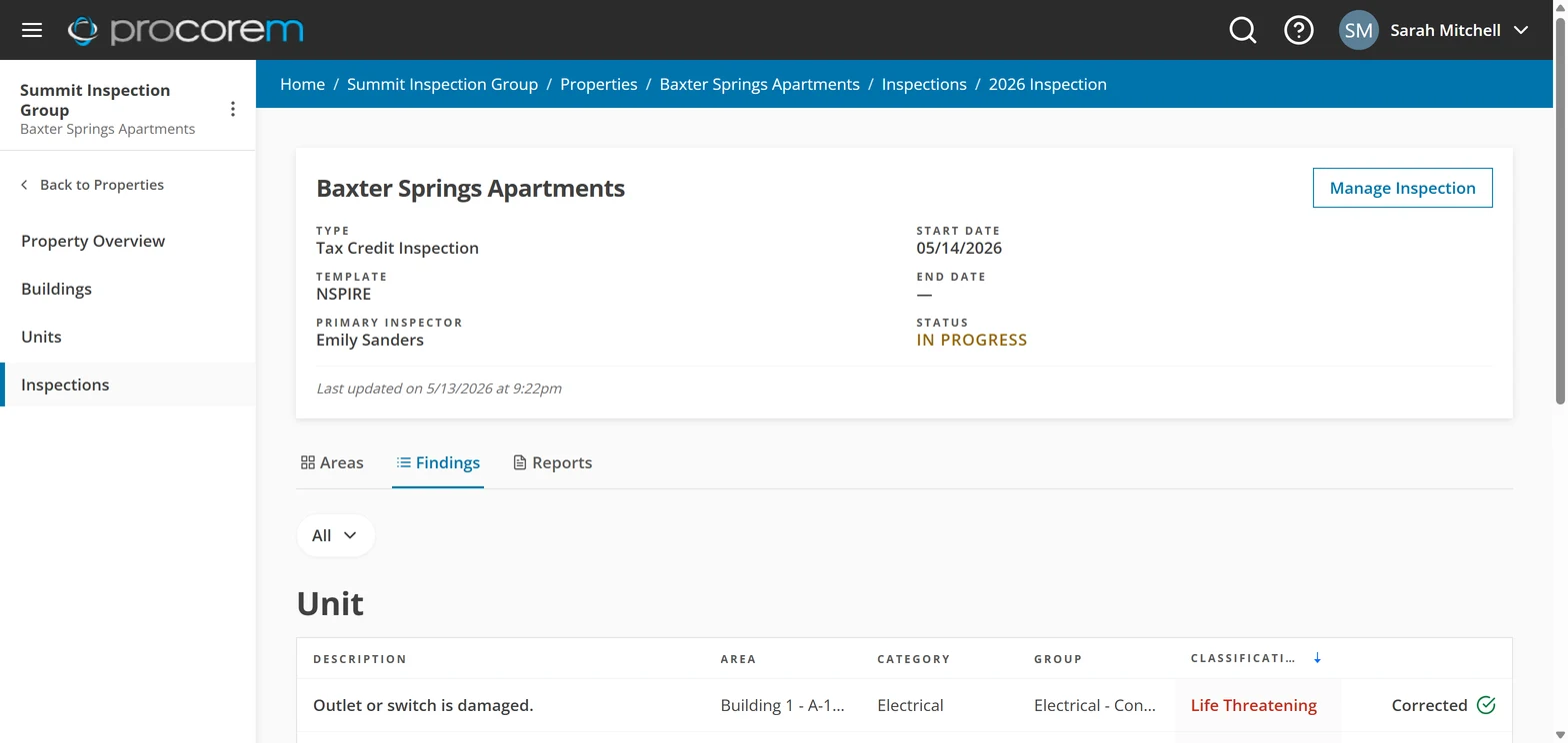 Procorem Inspect findings tab listing deficiencies with NSPIRE classifications of life threatening and severe, and correction status