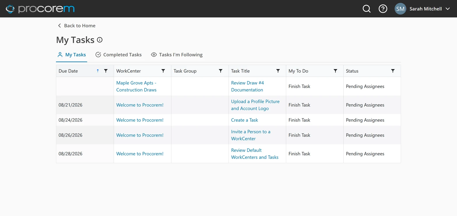 Procorem My Tasks grid with due dates, WorkCenter and status columns, and filters for completed and followed tasks