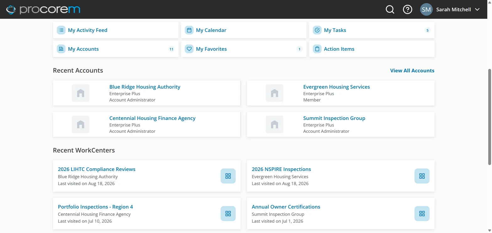Procorem home view with recent accounts and WorkCenters, including a property management company and inspection WorkCenters